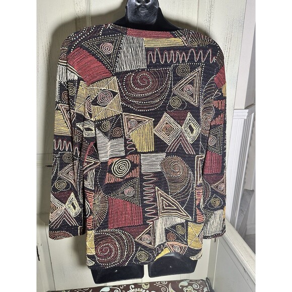 CHICO’S DESIGN Women’s Pullover Top  Black Rust Mustard Metallic Geo Size 3 - Picture 4 of 8